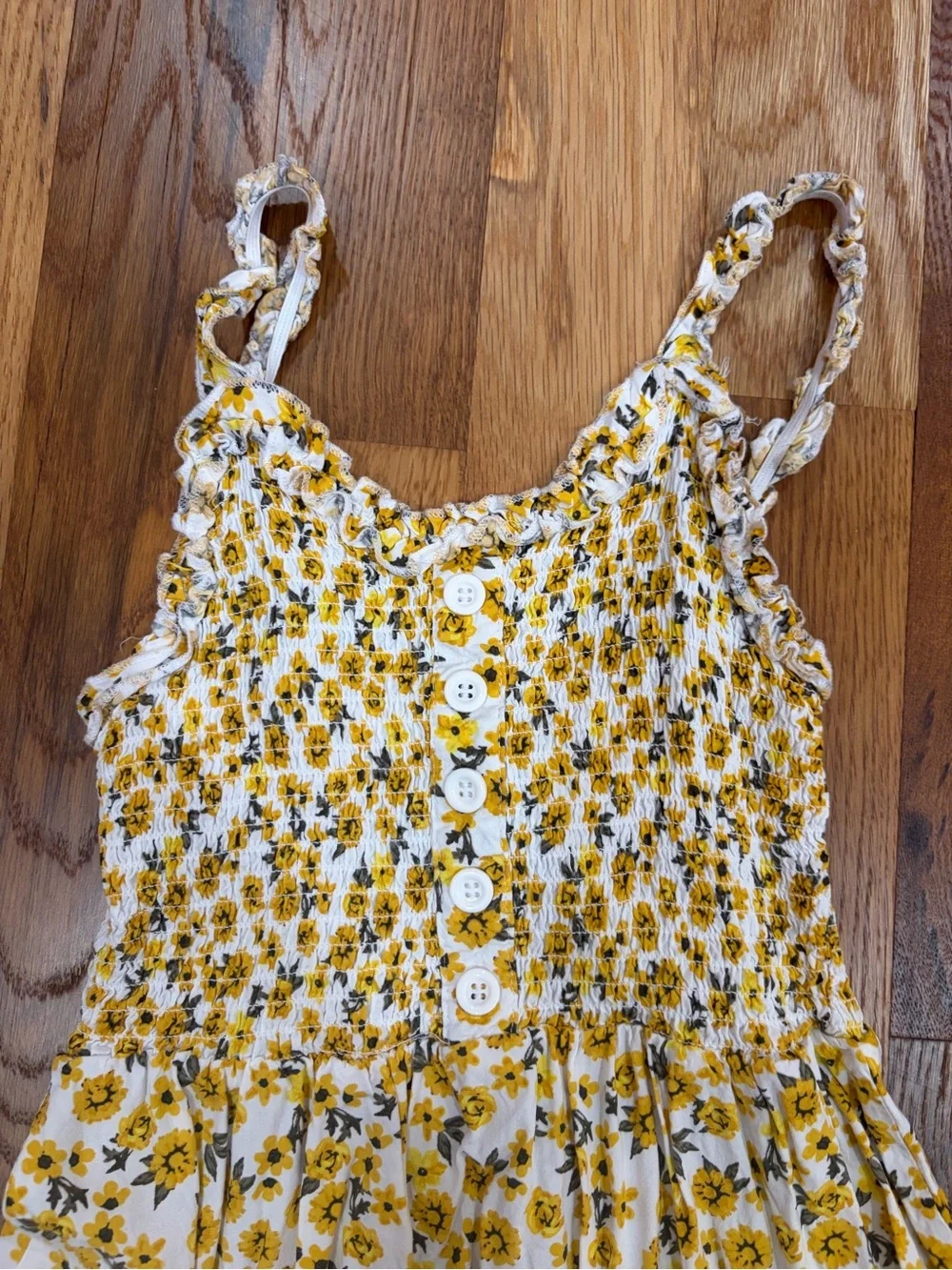 Yellow Floral Button-Front Sundress with Smocked Bodice